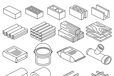Building and construction materials vector linear icons