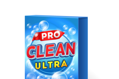 Powdered detergent design on cardboard package vector mockup