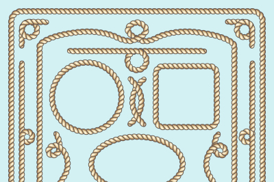 Rope frame, knots and corners. Vector decorative elements