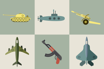 Military equipment and weaponry flat icons