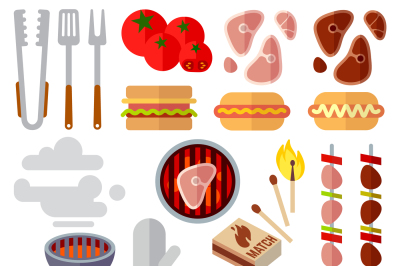 Summer picnic, barbecue and grilled food steak vector icons