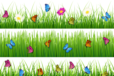 Green grass with flowers and butterflies. Seamless vector set