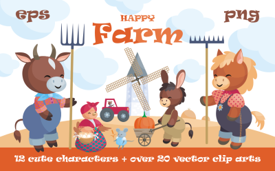 Happy Farm. Cute animals and harvest.