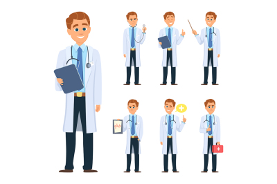 Doctor in different poses. Mascot design in vector style