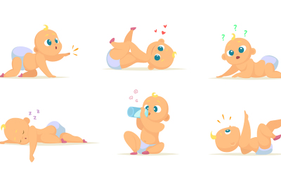 Set of cute newborn babies in different action poses