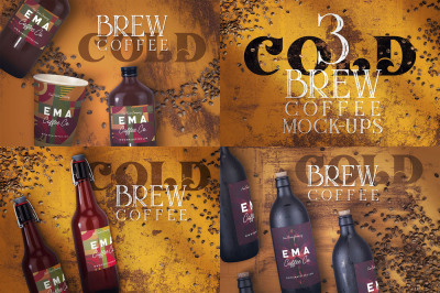 3 cold brew coffee bottles mock-ups