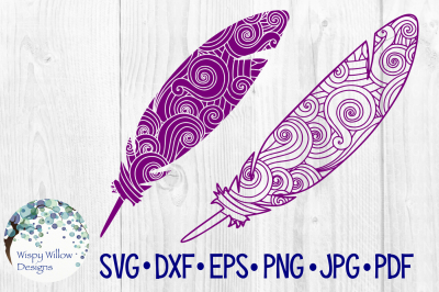 Boho Feather Set, Intricate, Zentangle, Swirl, SVG/DXF/EPS/PNG/JPG/PDF