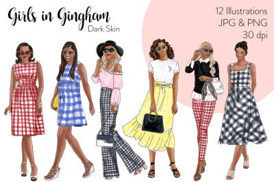 Watercolor Fashion Clipart - Girls in Gingham - Dark Skin