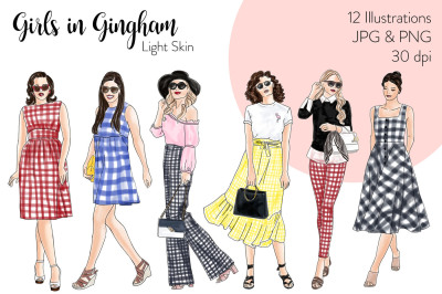 Watercolor Fashion Clipart - Girls in Gingham - Light Skin