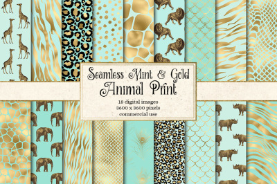 Mint and Gold Animal Skins Digital Paper