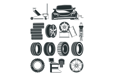 Monochrome illustrations of tires service symbols&2C; wheels and cars