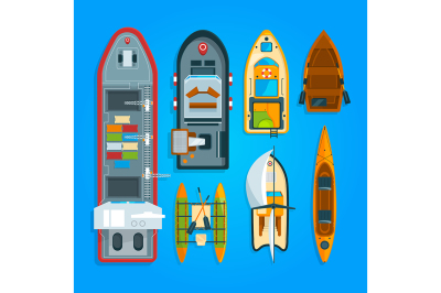 Different sea boats and ships. Vector illustrations top view