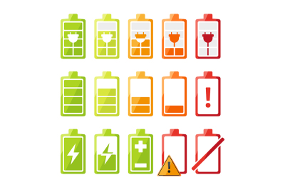 Icon set with different status of battery charger for mobile phone 