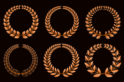 Winner labels with gold laurel wreaths vector set