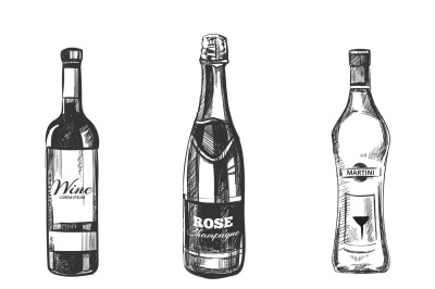 Alcoholic drinks in sketch hand drawn style