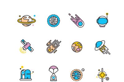 Cosmos exploration flat icons with planets and rockets