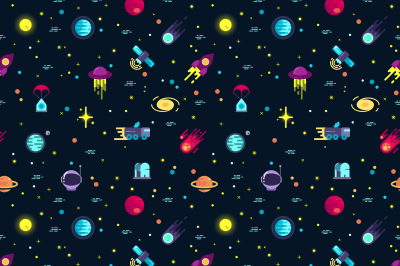 Space vector seamless pattern with planets and spaceships