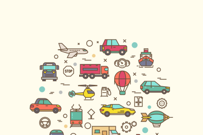 Vehicle and transport icons in circle design. Transportation vector co