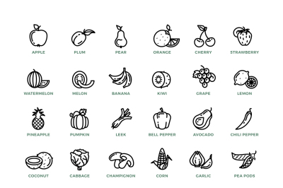 Fruit and vegetables outline vector icons