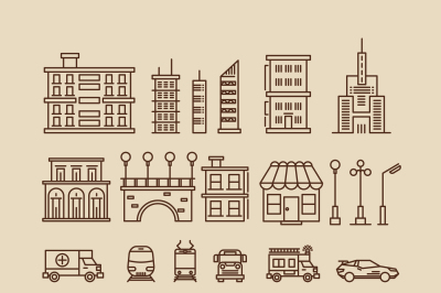 Line elements of city. Buildings, houses, trees, transport  and bushes