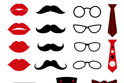 Photo booth birthday and party vector set with lips, mustaches, glasse