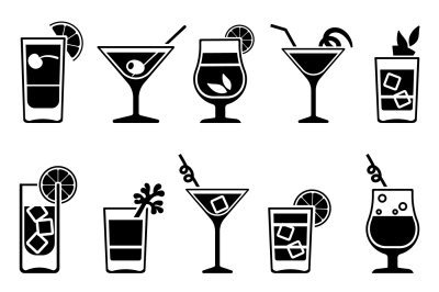 Cocktails and drinks vector black icons