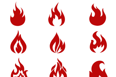 Red fire flames symbols, icons vector set