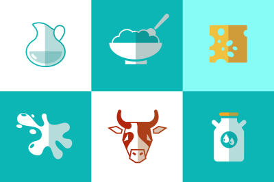 Flat milk and dairy products vector icons