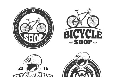 Retro bicycle shop, bike sport vector labels, emblems, badges