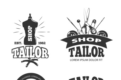 Tailor shop vector labels, badges, logos, emblems