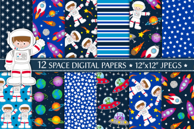Space digital papers, Space patterns, astronauts, planets, aliens