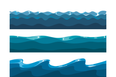 Cartoon ocean, sea, water waves vector seamless patterns