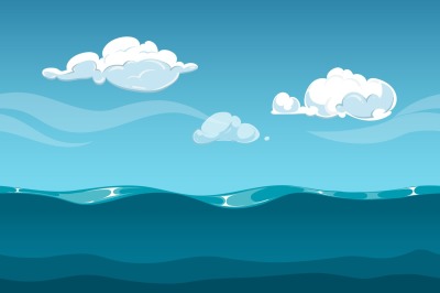 Sea or ocean cartoon landscape with sky and clouds. Seamless water wav