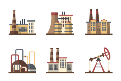 Factory industrial building and manufacturing plants vector flat icons