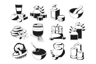 Spa and health illustrations set in monochrome style