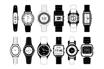 Mechanical and electronic sport hand watches in monochrome style