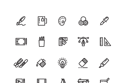 Graphic design tools, creative, office stationery line thin icons set