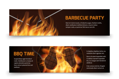 Bbq grill party horizontal vector banners set with realistic hot fire