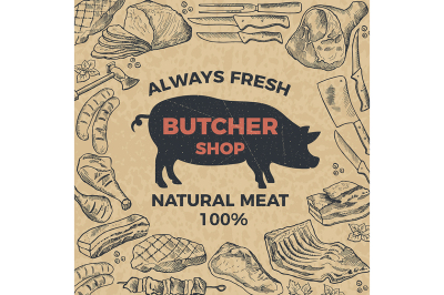 Retro poster for butcher shop. Hand drawn illustration