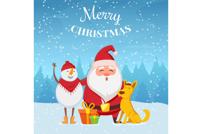 Christmas background with funny characters. Santa and snowman 