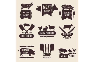 Design of monochrome labels set for butcher shop 