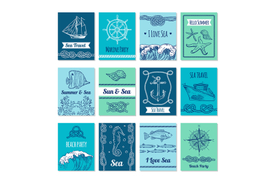 Design template of cards with marine symbols in vector stale