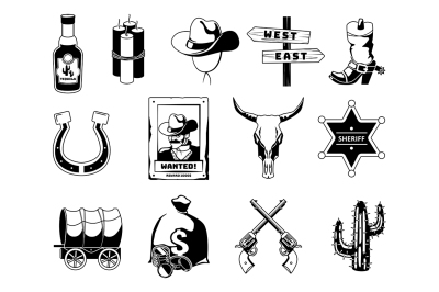 Monochrome black illustrations. Theme of wild west