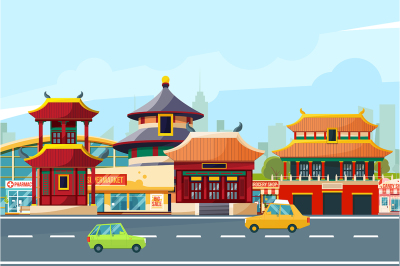 Chinese urban landscape with traditional buildings