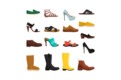 Different casual shoes of men and women