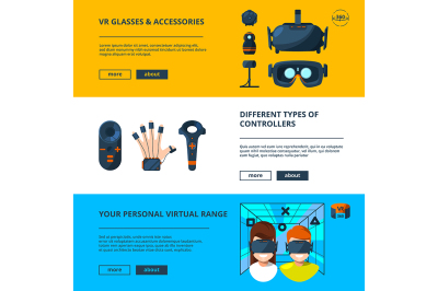 Three horizontal banners set with vector illustrations of virtual real