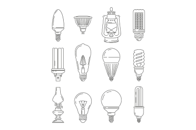 Symbols of light. Different bulbs. Mono line illustrations set