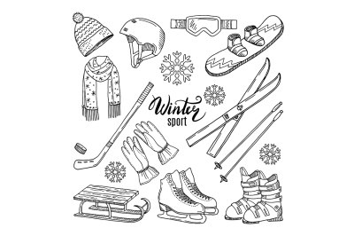 Illustrations of winter sport. Scarf, gloves, ski and others