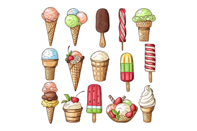 Colored illustrations of ice creams with chocolate, lollipops 