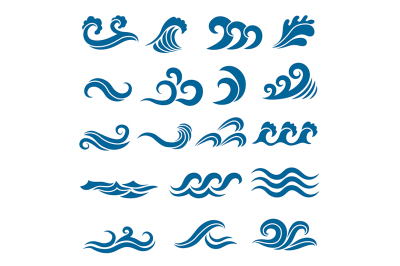 Big set of stylized ocean waves. Colored vector set